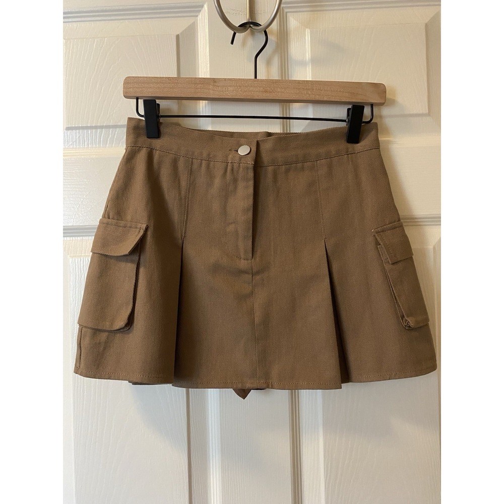 Day + Moon Brown Pleated Denim Cargo Skort Skirt Women's Size S Cotton Lined NWT